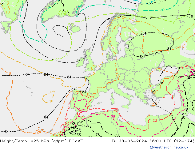 Height/Temp. 925 hPa ECMWF Di 28.05.2024 18 UTC