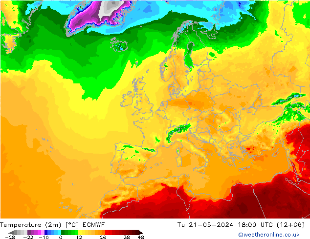 Temperature (2m) ECMWF Út 21.05.2024 18 UTC