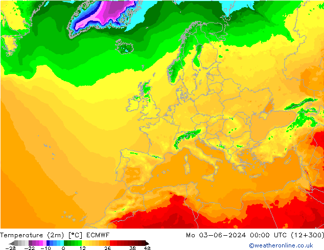 Temperaturkarte (2m) ECMWF Mo 03.06.2024 00 UTC