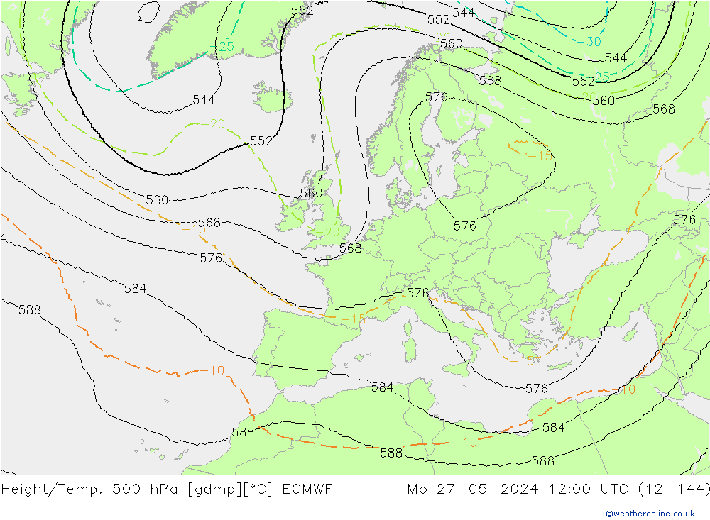 Height/Temp. 500 hPa ECMWF Mo 27.05.2024 12 UTC
