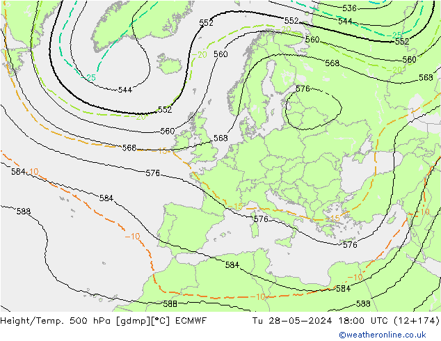 Hoogte/Temp. 500 hPa ECMWF di 28.05.2024 18 UTC