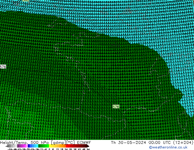 Height/Temp. 500 hPa ECMWF Čt 30.05.2024 00 UTC