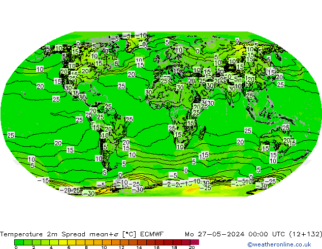 карта температуры Spread ECMWF пн 27.05.2024 00 UTC