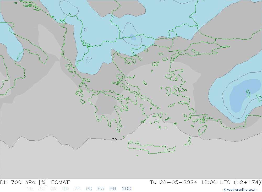 Humedad rel. 700hPa ECMWF mar 28.05.2024 18 UTC