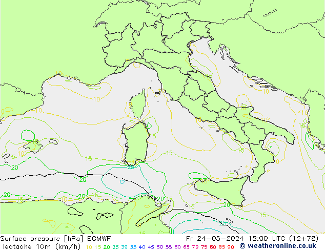 Isotachs (kph) ECMWF Fr 24.05.2024 18 UTC