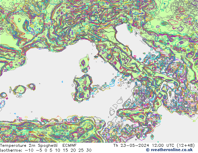 Temperatura 2m Spaghetti ECMWF jue 23.05.2024 12 UTC