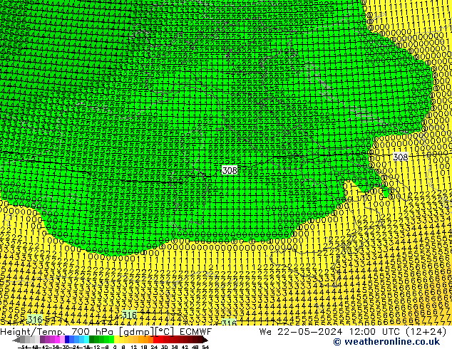 Height/Temp. 700 hPa ECMWF mer 22.05.2024 12 UTC