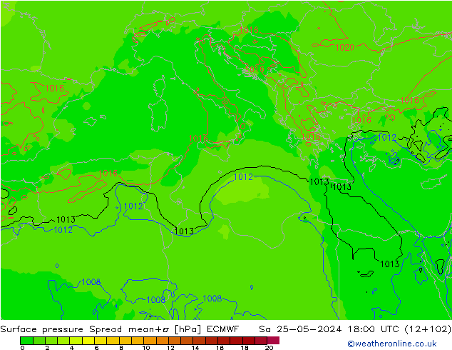 Presión superficial Spread ECMWF sáb 25.05.2024 18 UTC