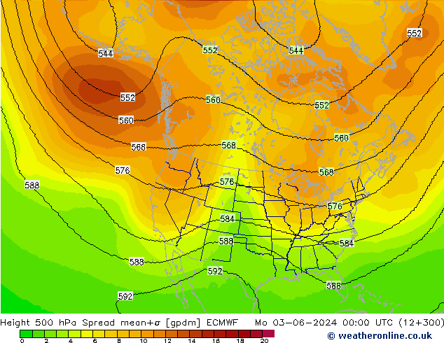 Height 500 hPa Spread ECMWF lun 03.06.2024 00 UTC