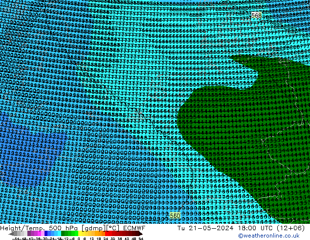 Height/Temp. 500 hPa ECMWF Út 21.05.2024 18 UTC