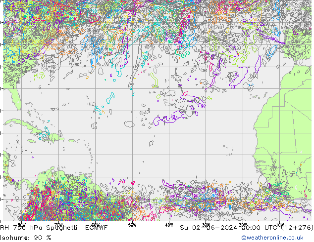 RH 700 hPa Spaghetti ECMWF  02.06.2024 00 UTC