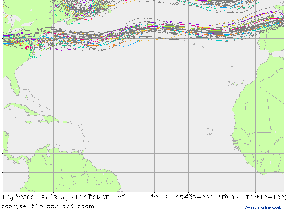 Height 500 hPa Spaghetti ECMWF so. 25.05.2024 18 UTC