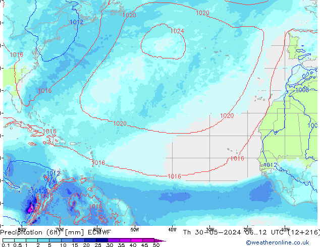 Totale neerslag (6h) ECMWF do 30.05.2024 12 UTC