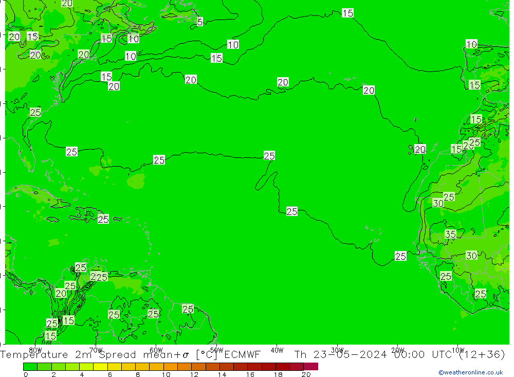 température 2m Spread ECMWF jeu 23.05.2024 00 UTC