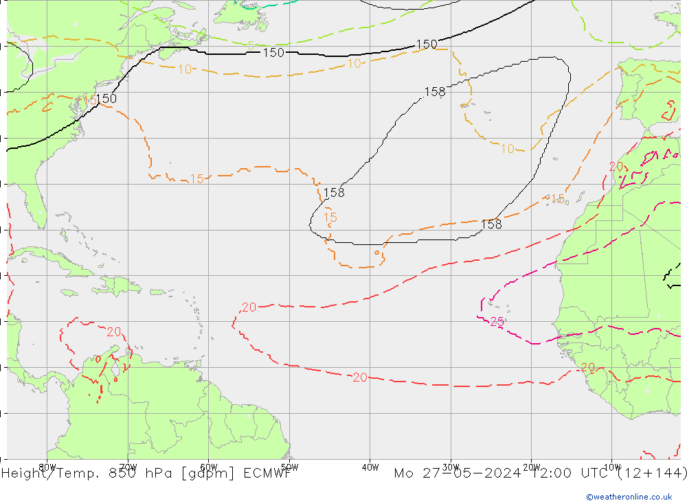 Geop./Temp. 850 hPa ECMWF lun 27.05.2024 12 UTC