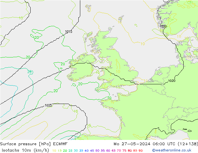 Isotachs (kph) ECMWF Mo 27.05.2024 06 UTC