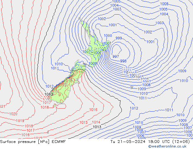 Surface pressure ECMWF Tu 21.05.2024 18 UTC