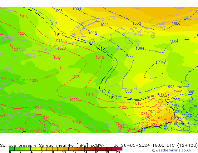 Atmosférický tlak Spread ECMWF Ne 26.05.2024 18 UTC