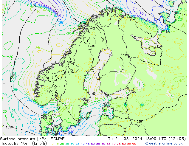 10米等风速线 (kph) ECMWF 星期二 21.05.2024 18 UTC