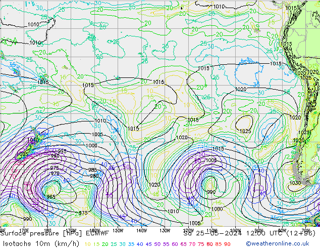 Isotachs (kph) ECMWF sam 25.05.2024 12 UTC