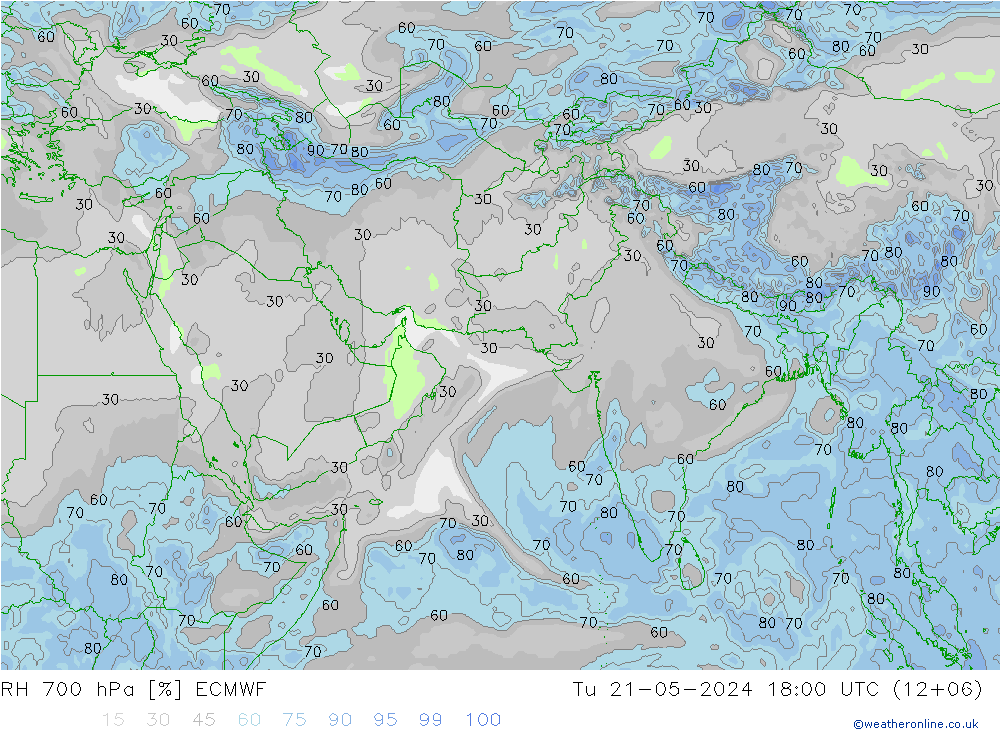 RH 700 hPa ECMWF 星期二 21.05.2024 18 UTC
