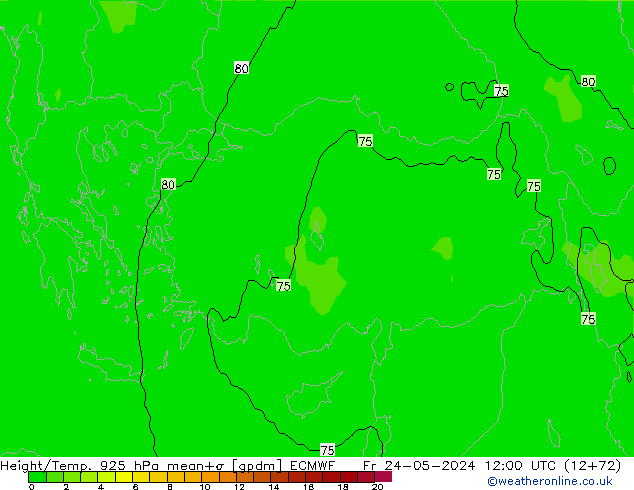 Hoogte/Temp. 925 hPa ECMWF vr 24.05.2024 12 UTC