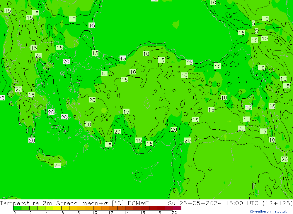 Temperature 2m Spread ECMWF Su 26.05.2024 18 UTC