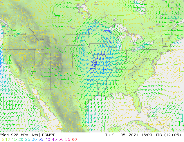 Wind 925 hPa ECMWF Út 21.05.2024 18 UTC