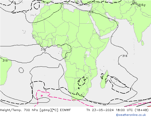 Height/Temp. 700 hPa ECMWF Čt 23.05.2024 18 UTC