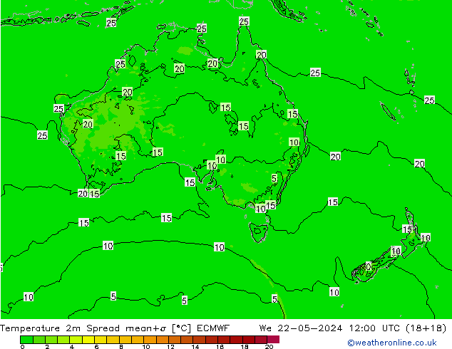 Temperatura 2m Spread ECMWF mer 22.05.2024 12 UTC