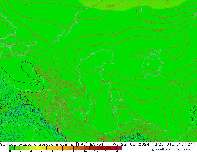 Atmosférický tlak Spread ECMWF St 22.05.2024 18 UTC