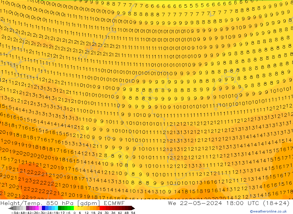 Height/Temp. 850 hPa ECMWF We 22.05.2024 18 UTC