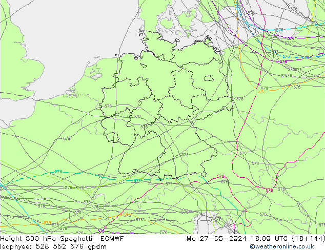 Height 500 hPa Spaghetti ECMWF Mo 27.05.2024 18 UTC