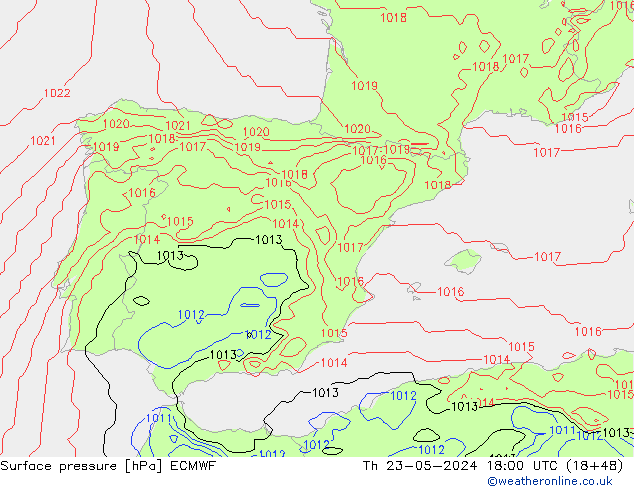 Presión superficial ECMWF jue 23.05.2024 18 UTC