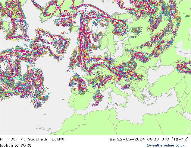 RH 700 hPa Spaghetti ECMWF Mi 22.05.2024 06 UTC
