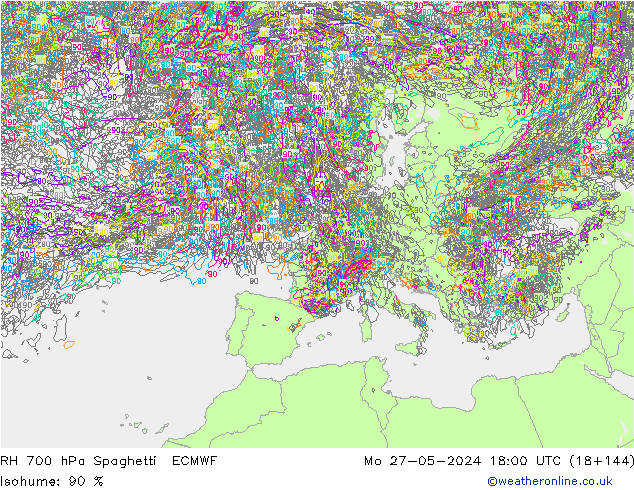 RH 700 hPa Spaghetti ECMWF Mo 27.05.2024 18 UTC