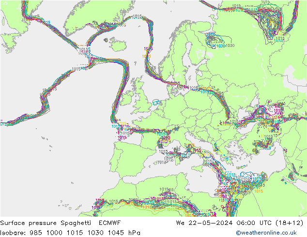 Bodendruck Spaghetti ECMWF Mi 22.05.2024 06 UTC