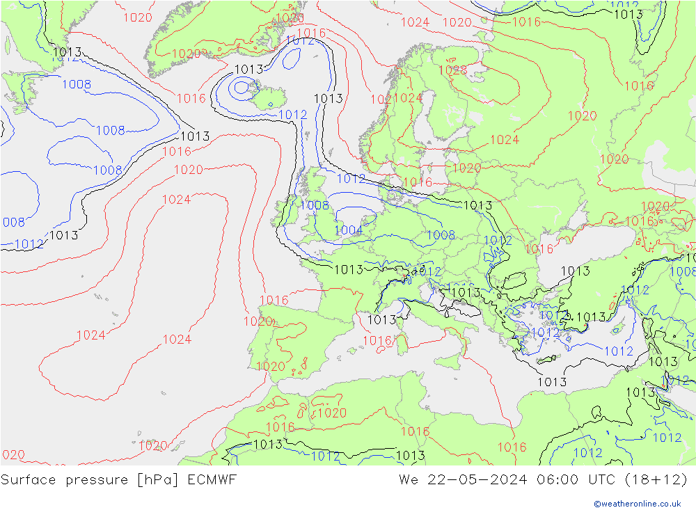 Atmosférický tlak ECMWF St 22.05.2024 06 UTC