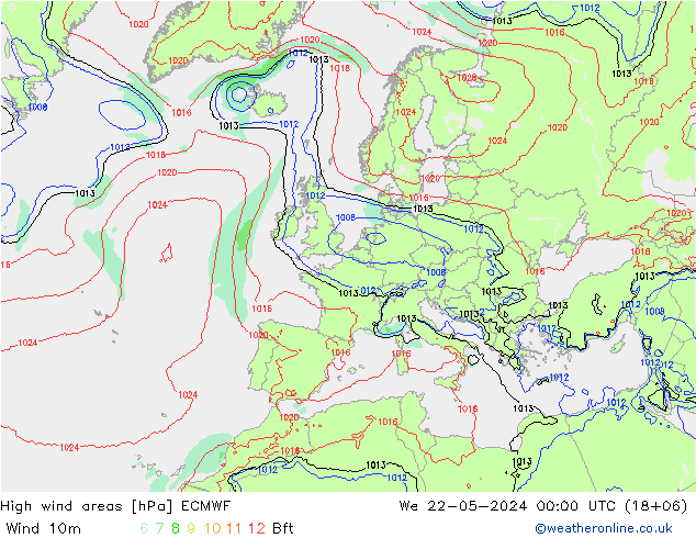 High wind areas ECMWF mié 22.05.2024 00 UTC