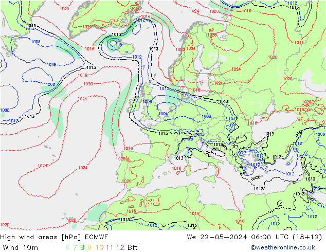 High wind areas ECMWF St 22.05.2024 06 UTC