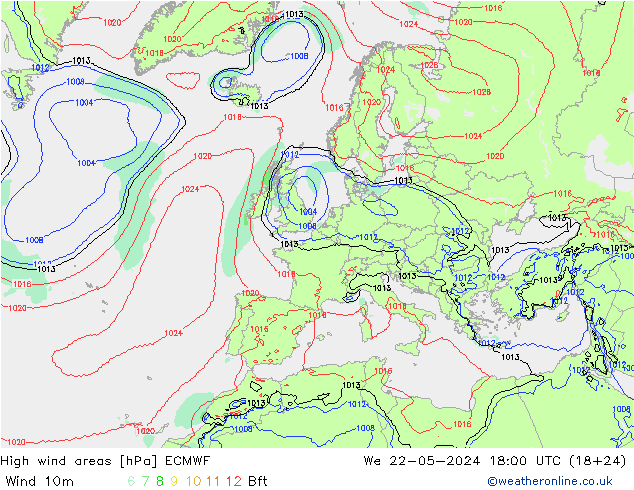 High wind areas ECMWF We 22.05.2024 18 UTC
