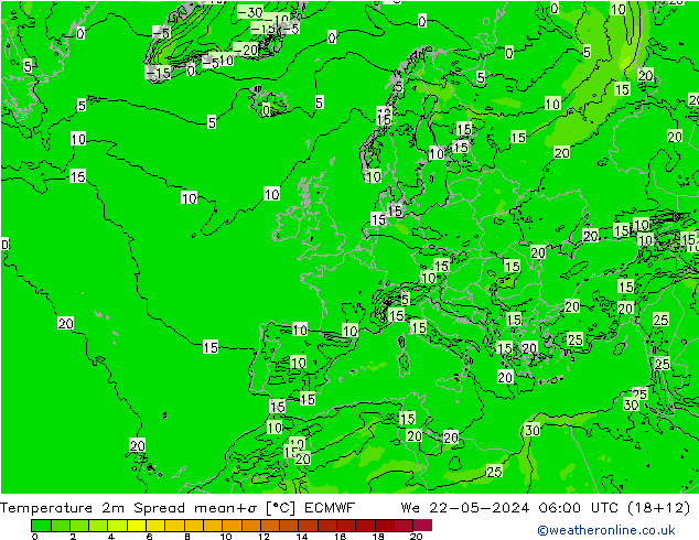 Temperature 2m Spread ECMWF We 22.05.2024 06 UTC