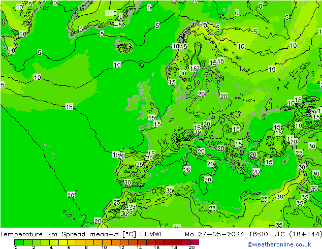 Temperaturkarte Spread ECMWF Mo 27.05.2024 18 UTC