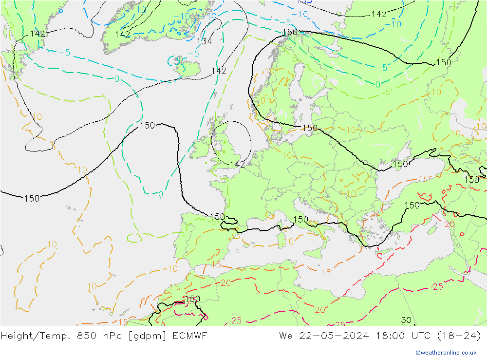 Height/Temp. 850 hPa ECMWF Mi 22.05.2024 18 UTC