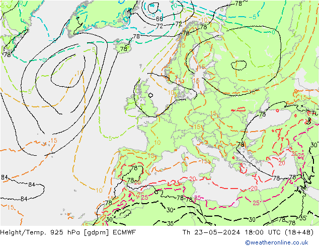 Height/Temp. 925 hPa ECMWF  23.05.2024 18 UTC