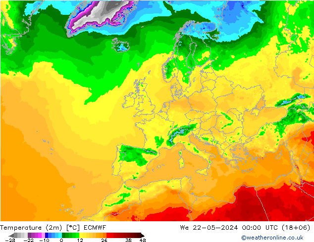 Temperatura (2m) ECMWF mer 22.05.2024 00 UTC