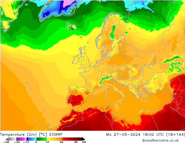 Temperatura (2m) ECMWF Seg 27.05.2024 18 UTC