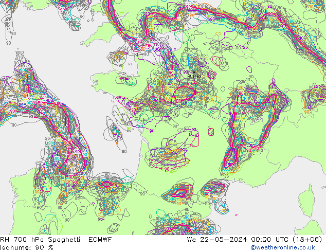 RH 700 hPa Spaghetti ECMWF Qua 22.05.2024 00 UTC