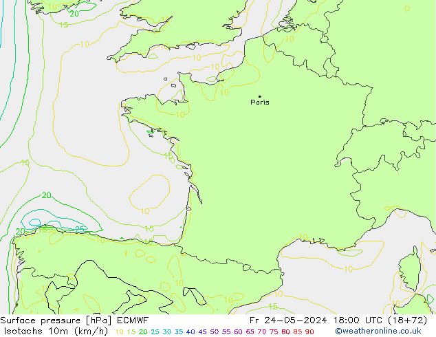 Isotachen (km/h) ECMWF Fr 24.05.2024 18 UTC