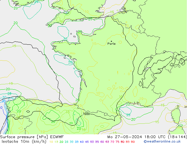 Isotachs (kph) ECMWF Mo 27.05.2024 18 UTC